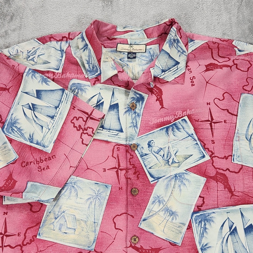 Tommy Bahama Shirt Mens XL Pink Silk Caribbean Map Hawaiian Loop Collar